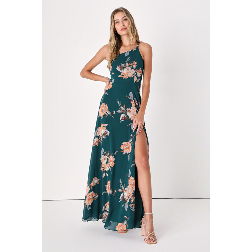 Lulus Blessed Blooms Emerald Floral One-shoulder Maxi Dress Green - Size M